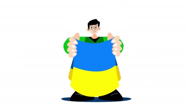 Cartoon guy with the flag of Ukraine on a white screen. — Stock Video
