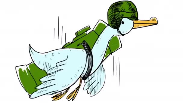 En karikatyrgås med hjälm och granatkastare flyger. — Stockvideo