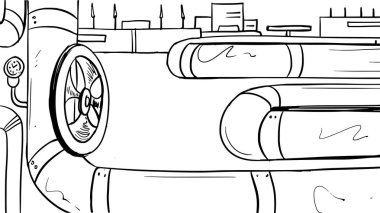 Borular ve kapakçık beyaz arka planda doğrusal bir şekilde. Gaz boru hattı, kanalizasyon, su kaynağı kavramı. Borularla vektör illüstrasyonu.