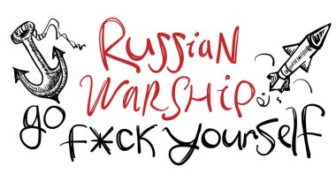 Lettering Russian ship go....Phrase of resistance of Ukraine against Russia in the war. Stock vector illustration with rocket and anchor.