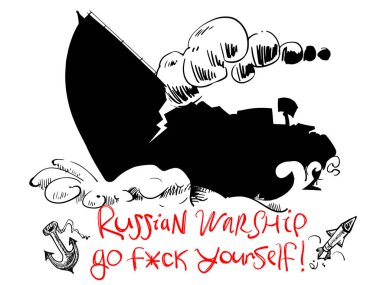 Silhouette of a sinking military ship with a crack and smoke on a white background. Destroyed water target. Lettering Russian warship. The concept of Ukrainian resistance in the war. Vector.