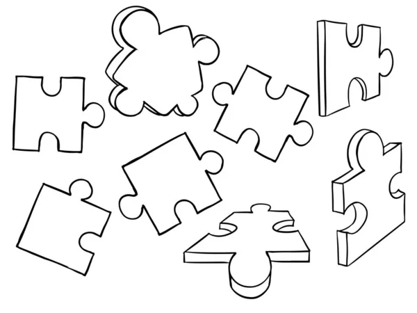 Scattered Puzzles Linear Style White Background Conceptual Puzzle Vector Illustration — Vector de stock