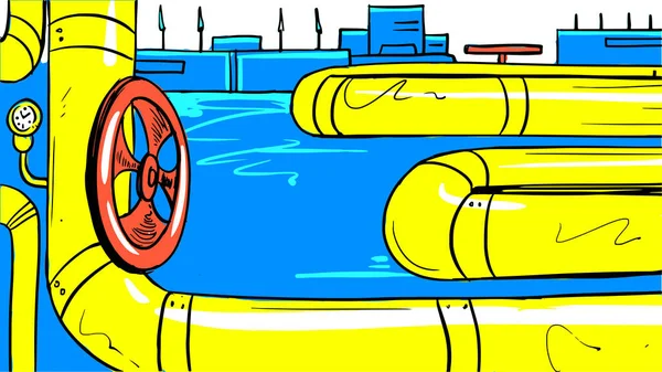 Yellow Gas Pipe Red Valve Vector Illustration Concept Fluid Transfer — Stock vektor