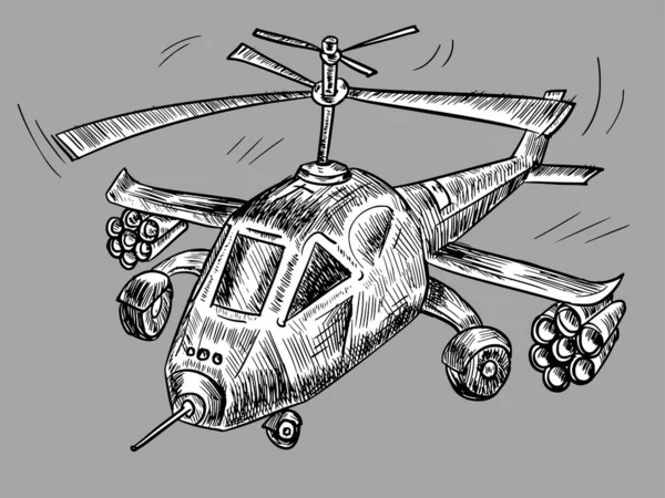 Wojskowy Helikopter Szkicowym Stylu Szarym Tle Szczegółowa Ilustracja Samolotami Ofensywnymi — Wektor stockowy