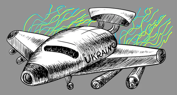 Szkic Ukraińskiego Bezzałogowego Statku Powietrznego Atakuj Samoloty Flagami Kolorystycznymi Ukrainy — Wektor stockowy