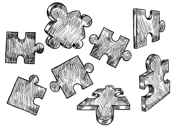 Scattered Puzzles Sketch Style White Background Conceptual Puzzle Detailed Touches — стоковый вектор