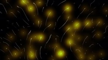 Siyah ekranda parlayan kıvılcımların hareketleriyle 2D animasyon. Yanan sarı dairelerin akışı. Beyaz kuyruklu parlak parçacıklar. Alfa kanalında 4K soyutlama. Stok videosu.