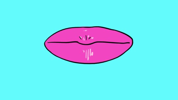 Animation Kiss Style Blue Background Plump Pink Female Lips Concept — Wideo stockowe