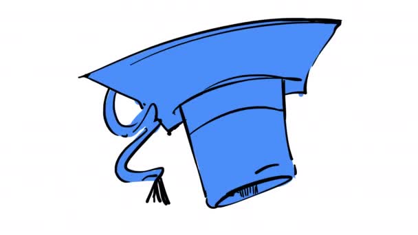 Animation Cartoon Blue Student Hat White Screen Master Headgear Concept — Stock Video