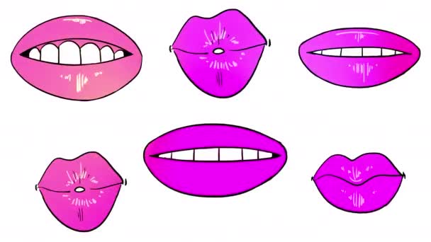 Animation Multi Colored Lips White Screen Kisses Smiles Cartoon Female — Wideo stockowe