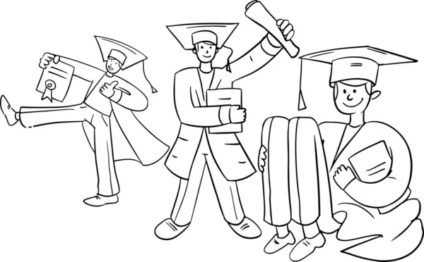 Cheerful Students Linear Doodle Style White Background Illustration Graduates Master — Stockvector