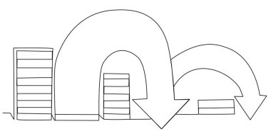 Düşen piyasa göstergelerine sahip sütunlar beyaz arka planda tek sıra halinde. Kriz, kayıplar, düşen hisse senetleri, iflas. Düşük okları olan vektör finans barı. Stok vektör resmi.