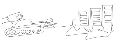Şehrin yakınındaki tanklar beyaz arka planda tek sıra halinde. Soyut bir şekilde orduya saldırmak. Stok vektör resmi.