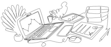 Çalışma alanı tek satırda. Belgeler ve aletlerle dolu bir laptop. Piyasada düşen bir programı olan bir çalışanın ofis ortamı. Kriz göstergeleriyle vektör illüstrasyonu. Stok vektör resmi.