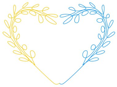 Mavi ve sarı renkli kalp şeklinde dikenler beyaz arka planda bir çizgi halinde. Ukrayna birliği ve kültürü kavramı. Stok vektör resmi.