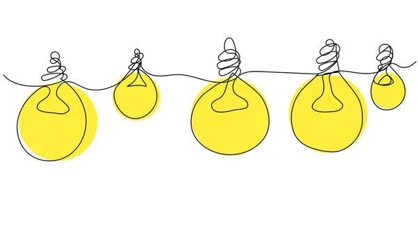 Doodle Light Bulbs One Line Yellow Glow White Background Abstract — ストックベクタ