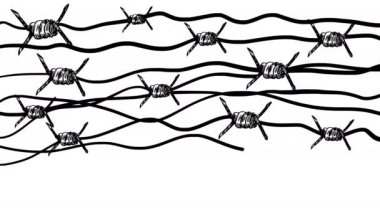 Self-drawing of barbed wire on a white background. Animation of a sketch of a fence with spikes. stock video with a ban, blocking, restriction of freedom, protected area, cybersecurity.