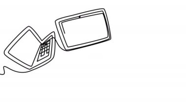 Pazar grafikleri ve ölçümleri beyaz ekranda tek sıra halinde olan cihazların kendi kendine çizimi. Ekranlı çalışma alanının animasyonu. Pazar araştırması sunumu için 4k beyaz tahta video.