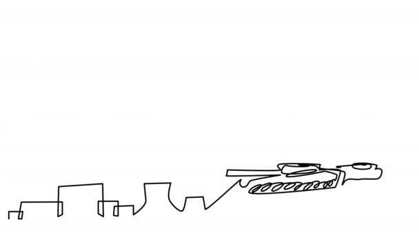 白い画面上の1行に飛行ロケットやタンクのセルフドローイング ストリートファイトのアニメーション 4Kホワイトボードビデオ軍事攻撃に関するプレゼンテーション — ストック動画