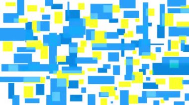 Beyaz ekranda mavi-sarı piksellerin animasyonu. Renk engelli 4K soyut video. Arıza, arıza, arıza, arıza kavramı. Değişken dikdörtgenli stok videosu.