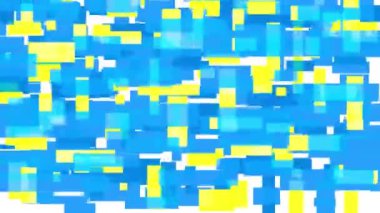 Moving blue-yellow rectangles overlaid on a white screen. Abstraction with pixels and glits. Digital technological space for text. 4k stock video.