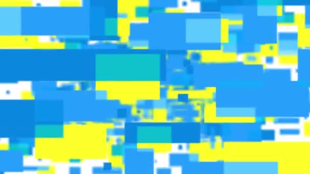 Lot Przez Żółto Niebieskie Prostokąty Animacja Rozmytymi Cząstkami Tunelu Białym — Wideo stockowe