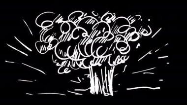 Doodle animation explodes with white strokes on a black screen. Cartoon explosion effect with clouds of smoke. 4k video with alpha channel.