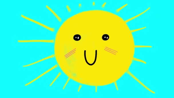 Cute Cartoon Smiling Sun Blue Screen Cheerful Kind Character Blinks — Wideo stockowe