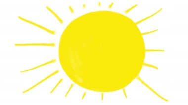 Beyaz ekrandaki sarı desenli güneşin animasyonu. 4k 'da alfa kanallı karikatür gök cismi..