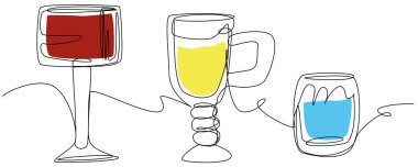 Çok renkli kokteyller, farklı şekillerde bardaklar, beyaz arka planda tek sıra halinde. Alkollü içeceklerle dolu bir bar tezgahı. Festival şöleninin stok vektör illüstrasyonu.