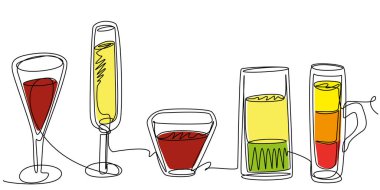 Alcoholic drinks in one line of different colors on a white background. Bar counter with cocktails in glasses of different shapes. Stock vector illustration