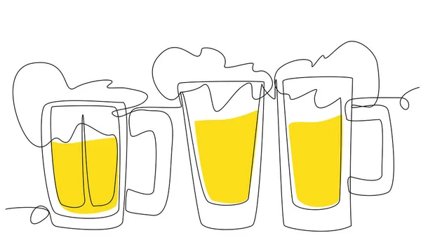 Three Glasses Beer One Line White Background Stock Vector Illustration — Wektor stockowy