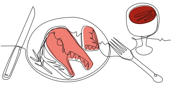 Červená Ryba Talíři Vidličkou Nožem Červeným Vínem Oběd Jedné Řadě — Stockový vektor