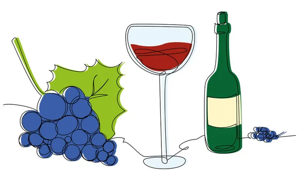 Glass Long Stem Bottle Wine Grons Grapes One Line Color — Vetor de Stock