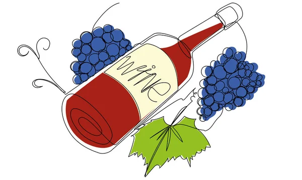 Bottle Wine One Line Grapes White Background Stock Vector Illustration — Vetor de Stock