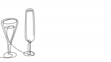 Self-drawing multi-colored cocktails in a single line on a white screen. Animation of cartoon alcohol shots with filling glasses of different shapes. 4k stock video with alpha channel.