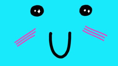 Animation of a cute blinking face on a blue screen. A cartoonish emotion of shyness and joy to overlay on a clip. The animation effect for the video. Stock animation in 4k with alpha channel.