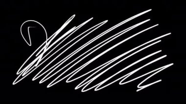 White twisted lines on a black screen. Doodle draft notes in 4k with alpha channel. Stock video with art effect for overlay. Hand drawing texture.