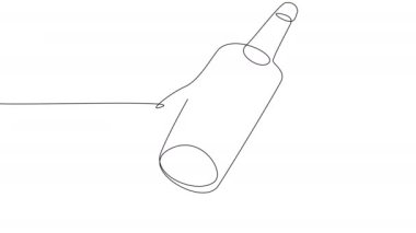 Two green bottles of wine with a label. Self-drawing of friendly fun and feast. Wine in one line on a white screen. Stock video of alcoholic beverages in an abstract drawn style in 4k.