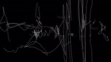 Animation of chaotic white lines with texture on a black screen. Stock 4K video abstract interference and distortion with alpha channel. White doodle sketches for superimposing art effect.