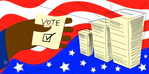 A black hand holds a ballot with a cast vote against the backdrop of ballots and the US flag. The concept of democracy and voting in elections in America. Stock vector illustration of fair choice in p