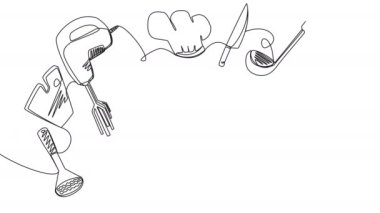 Self-drawing of kitchen devices with single line on a white screen. Animation of the concept of cooking in the kitchen. Stock 4k video for commercials of cooking equipment.