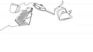 Self-drawing of kitchen devices with one line on a white screen. Animation of a set of tools to help in the creation of delicious dishes. Stock 4k video with kitchen scales, grater, pots, and kettles.