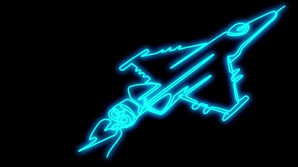 Twinkling Neon Military Fighter Blue Yellow Colors Black Screen Animation — Stock videók