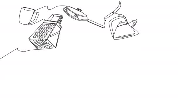 Self Drawing Kitchen Devices One Line White Screen Animation Set — Video