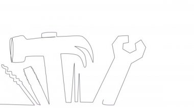 Self-drawing of working tools in one line on a white screen. The concept of a desktop in the factory. Animation of the contour of the hammer, wrench, plier, screwdriver. Stock 4K with alpha channel.