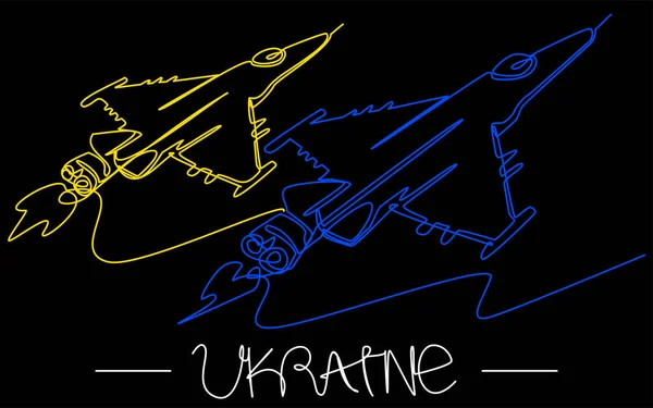 Two blue-yellow fighter jets on a black background. Ukraine aviation concept drawn with one line. Patriotic minimalist illustration in vector format. Protecting the sky from missiles.