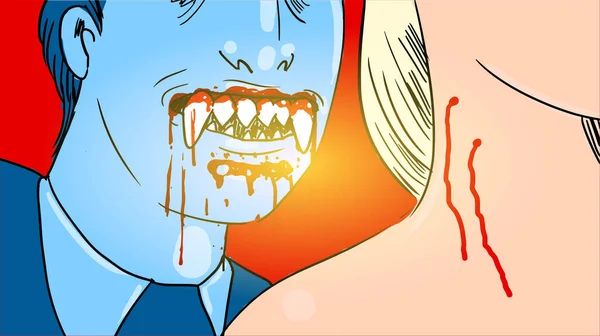 Terrible Vampire Bitten Girl Sharp Fangs Bloody Background Vector Illustration — Stock Vector