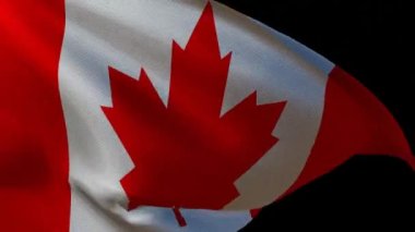 Siyah ekranda sallanan Kanada bayrağı. Akçaağaç yaprağı ve dokulu kumaş üzerinde kırmızı ve beyaz çizgiler olan ülke sembolünün animasyonu. 4K stok video hazırlayıcı 3d grafikleriName.