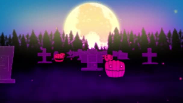 万圣节的第三天 森林里有闪闪发光的南瓜的坟场 神秘的动画 背景可怕的夜晚和巨大的月亮 在4K有环路的坟墓中飞行的库存视频 — 图库视频影像
